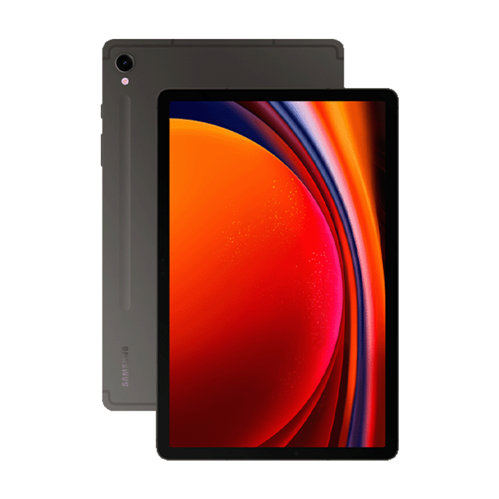 Una Galaxy Tab S6 color azul, en forma desdoblada donde se pueden apreciar las vistas frontales y traseras, mientras en la pantalla se observa una videollamada en vivo