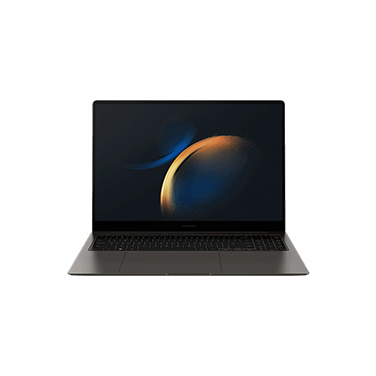 Una Galaxy Book3 Pro en color beige se abre, orientada hacia adelante con un fondo de pantalla negro.